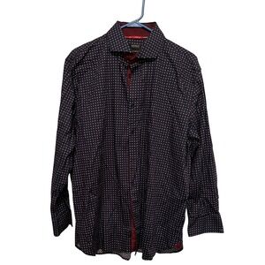 Buffalo David Bitton Mens XL Slim Stretch Shirt Navy Red White Dot Long Sleeve